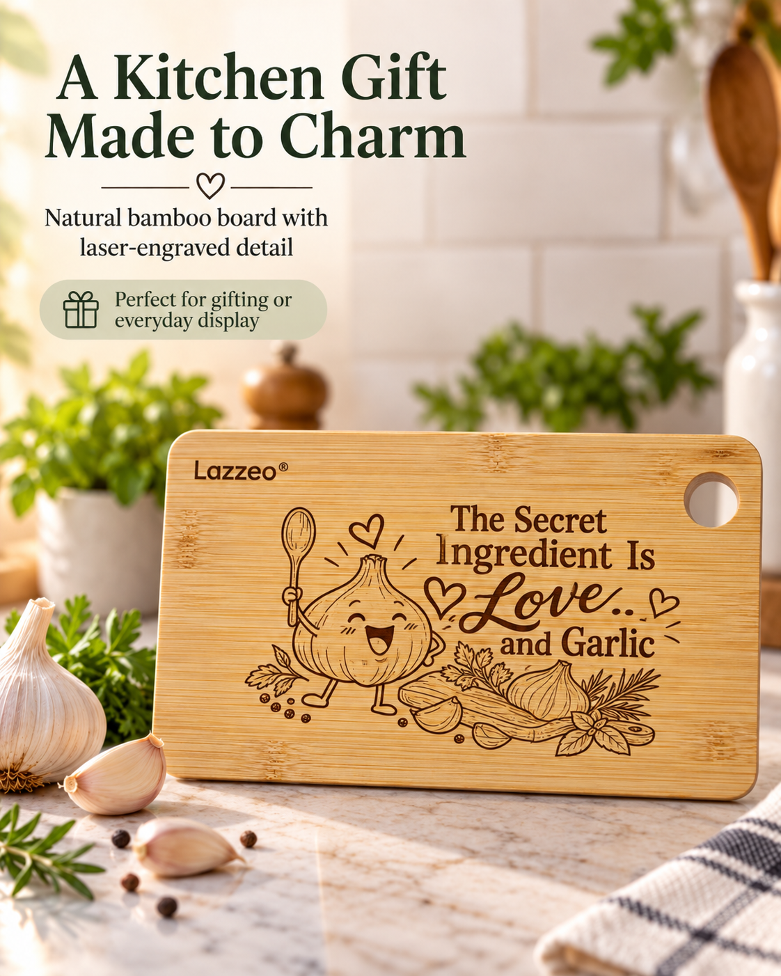 Bamboo cutting board kitchen gift with The Secret Ingredient Is Love and Garlic engraving
