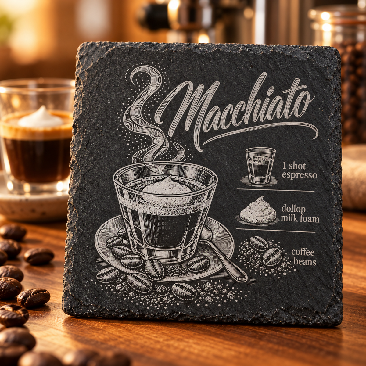 Macchiato coffee recipe engraved on black slate coaster