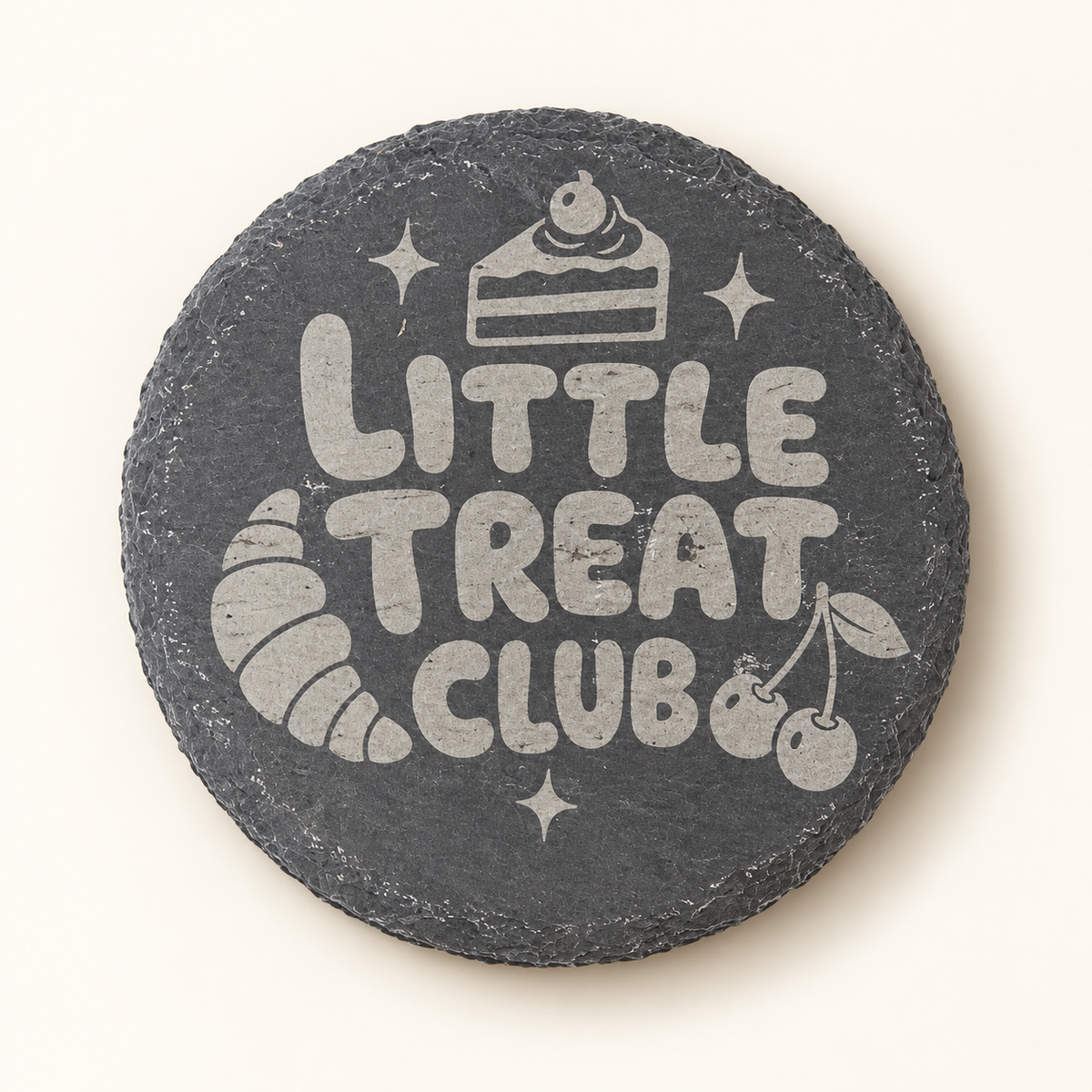 Little Treat Club engraved round slate coaster