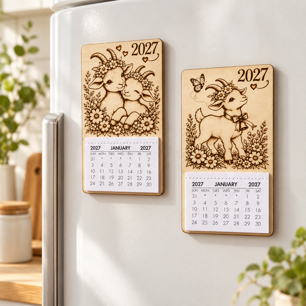 Choose from six 2027 wooden magnetic calendar goat designs