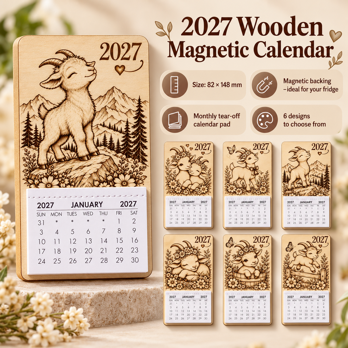 Close-up engraved detail and tear-off pad of 2027 wooden magnetic calendar