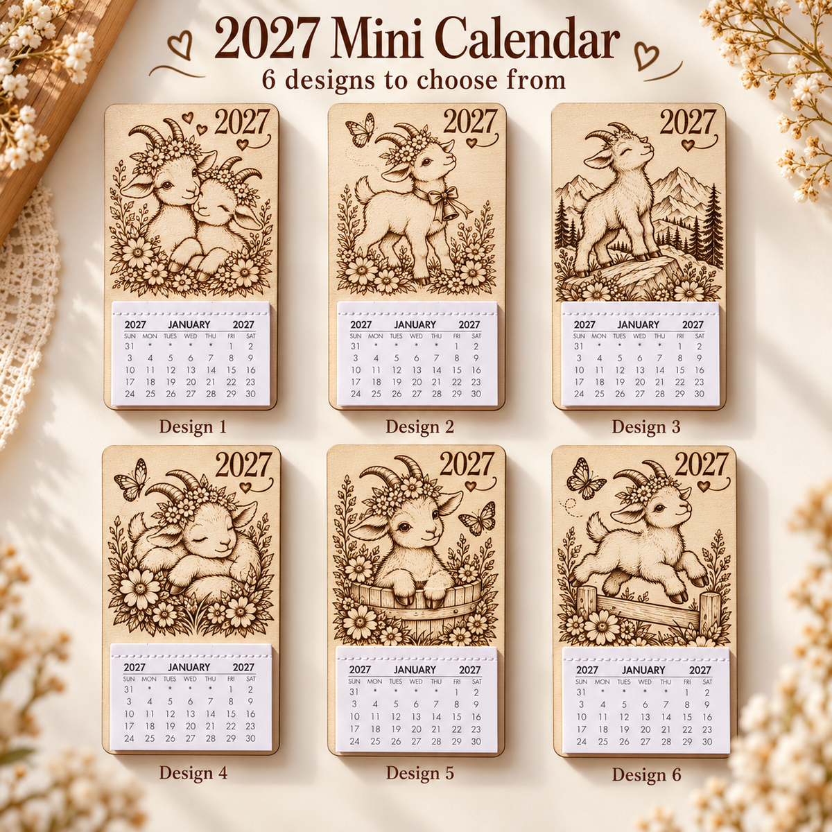 2027 wooden magnetic calendar displayed on a fridge