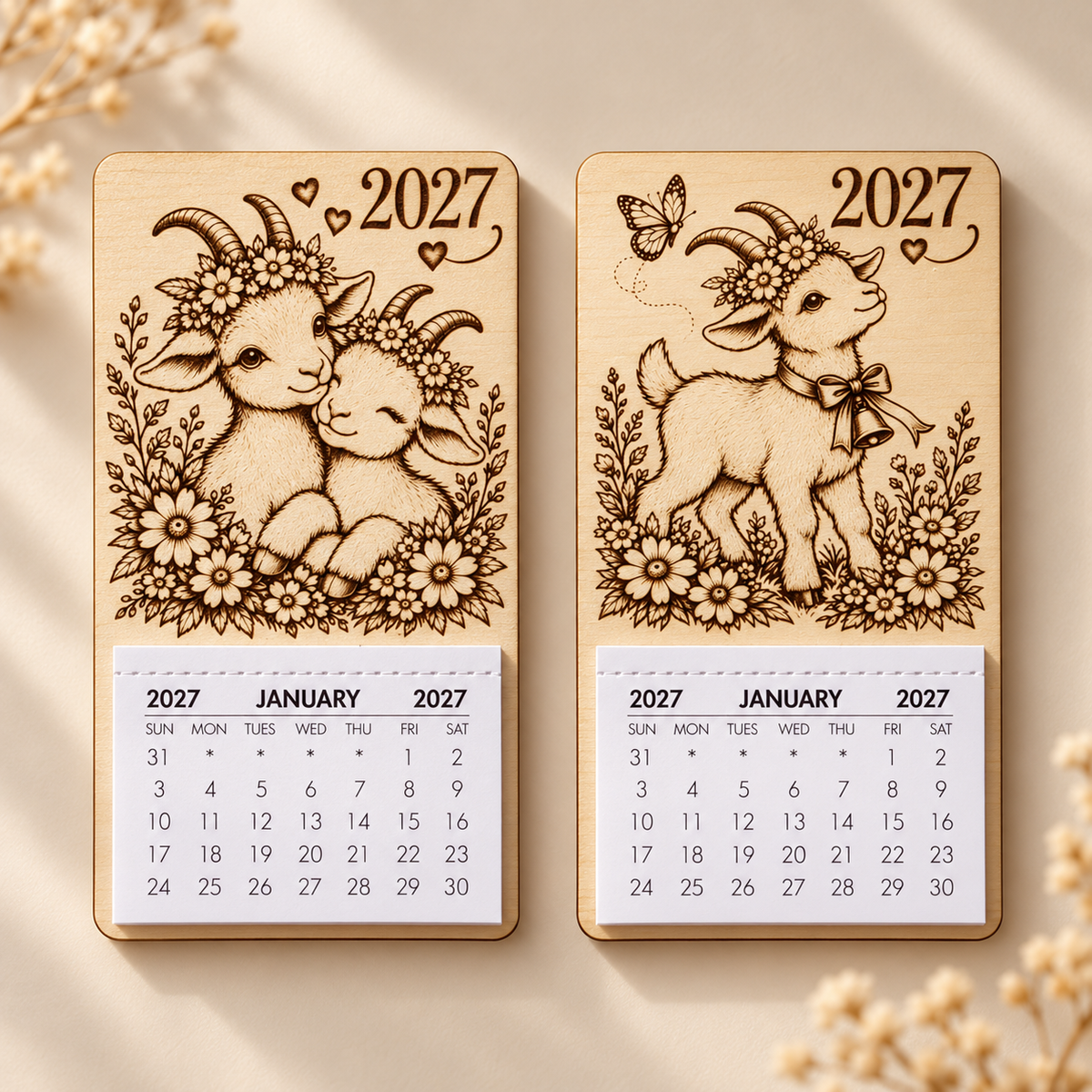 Six 2027 wooden magnetic calendar goat designs