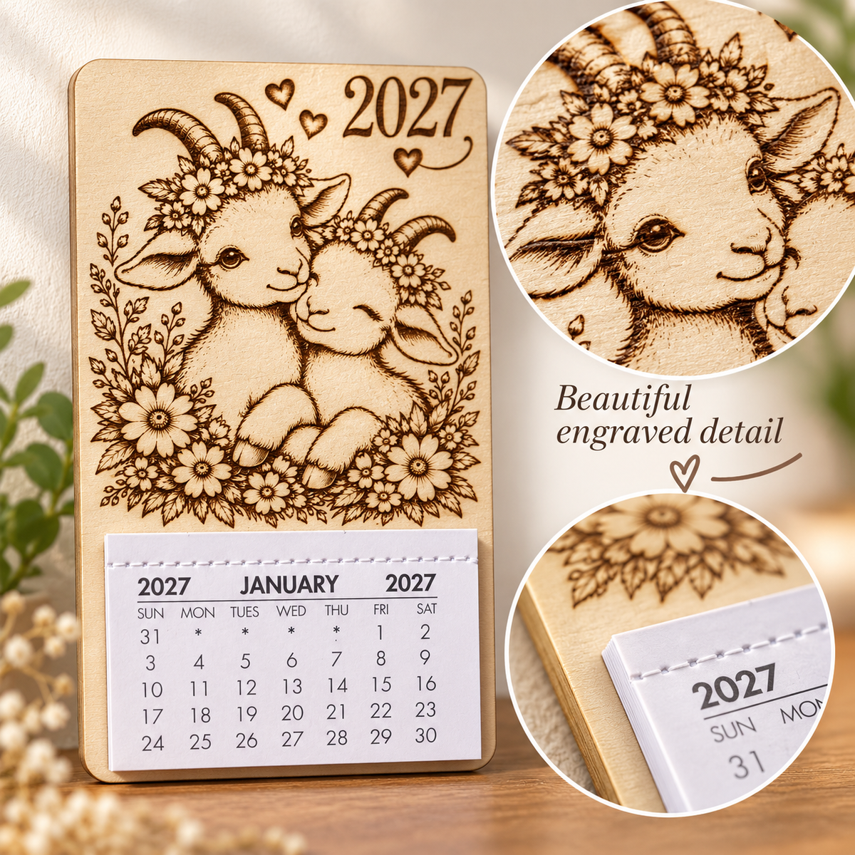 2027 wooden magnetic calendar with six goat designs, magnetic backing and tear-off pad