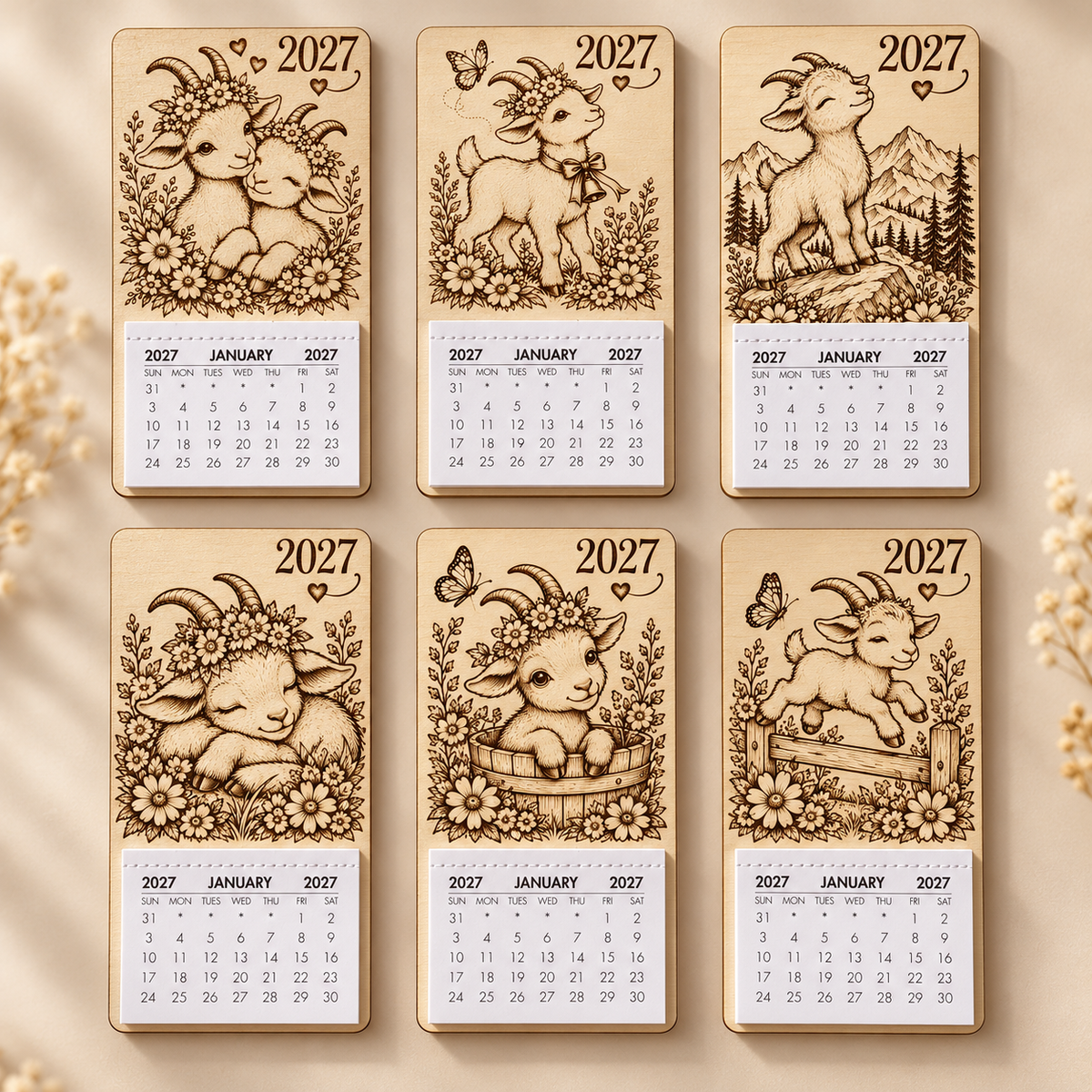 Two 2027 wooden magnetic calendar goat designs