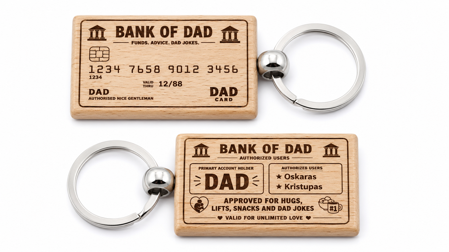 Bank of Dad Wooden Keyring – Personalised Father’s Day Gift
