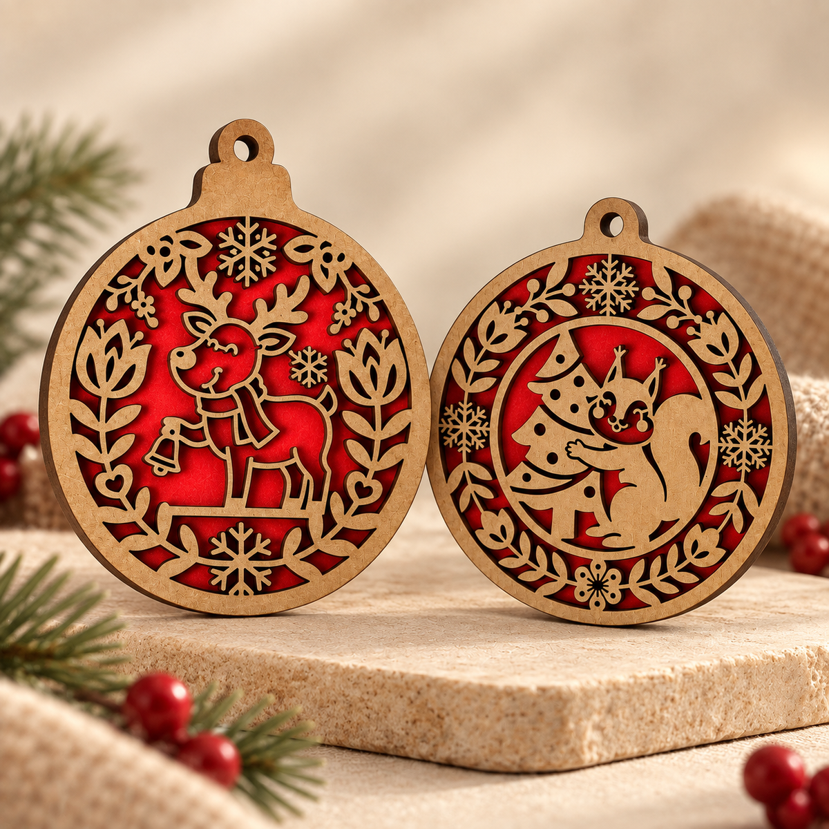 Woodland Christmas Bauble Decoration – Reindeer or Squirrel
