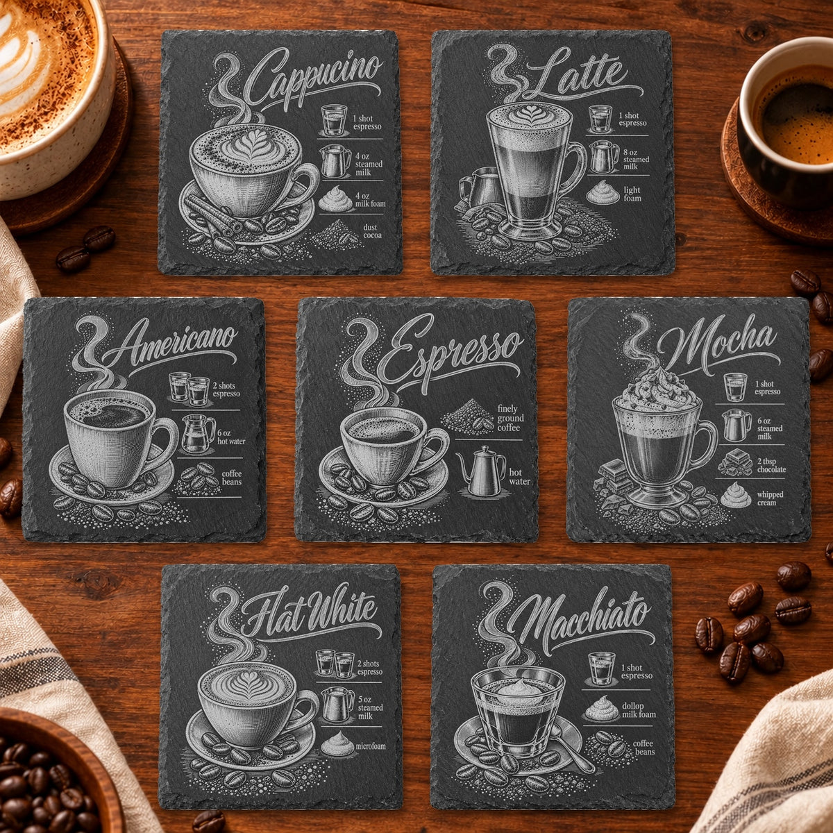 Coffee Recipe Engraved Slate Coaster – Choice of 7 Designs