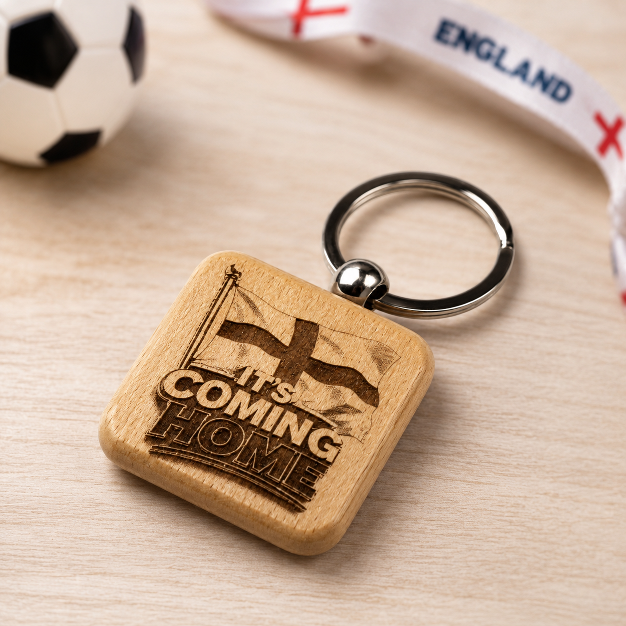 England “It’s Coming Home” Wooden Keyring – Football Fan Gift