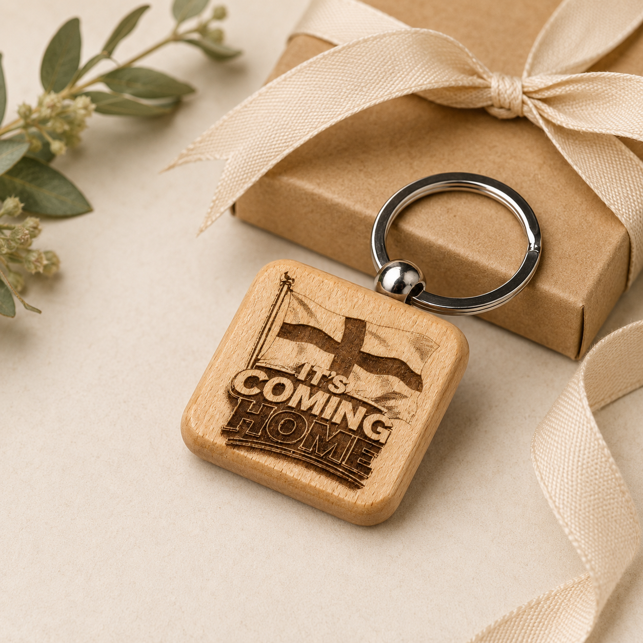 England “It’s Coming Home” Wooden Keyring – Football Fan Gift