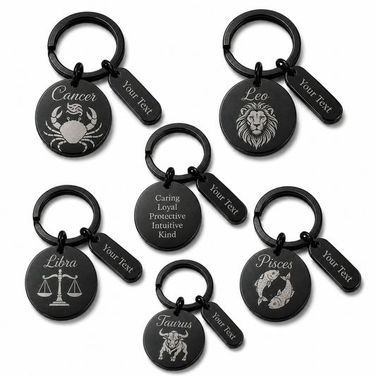 Personalised Zodiac Keyring – Black Stainless Steel Star Sign Gift