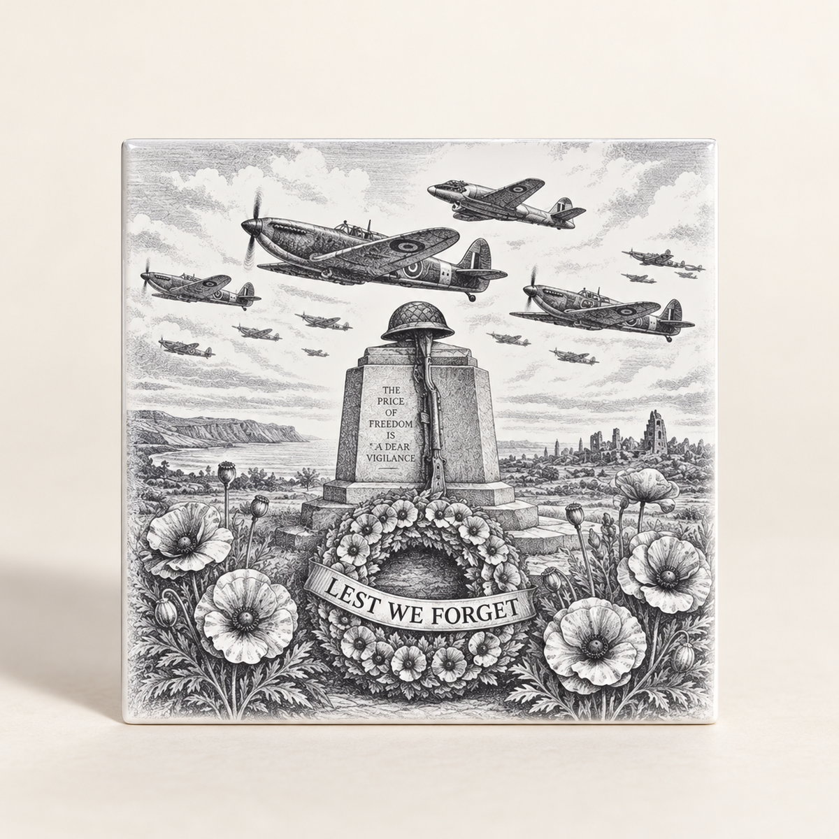 Aviation remembrance ceramic tile Design A with aircraft, memorial monument, wreath and Lest We Forget artwork