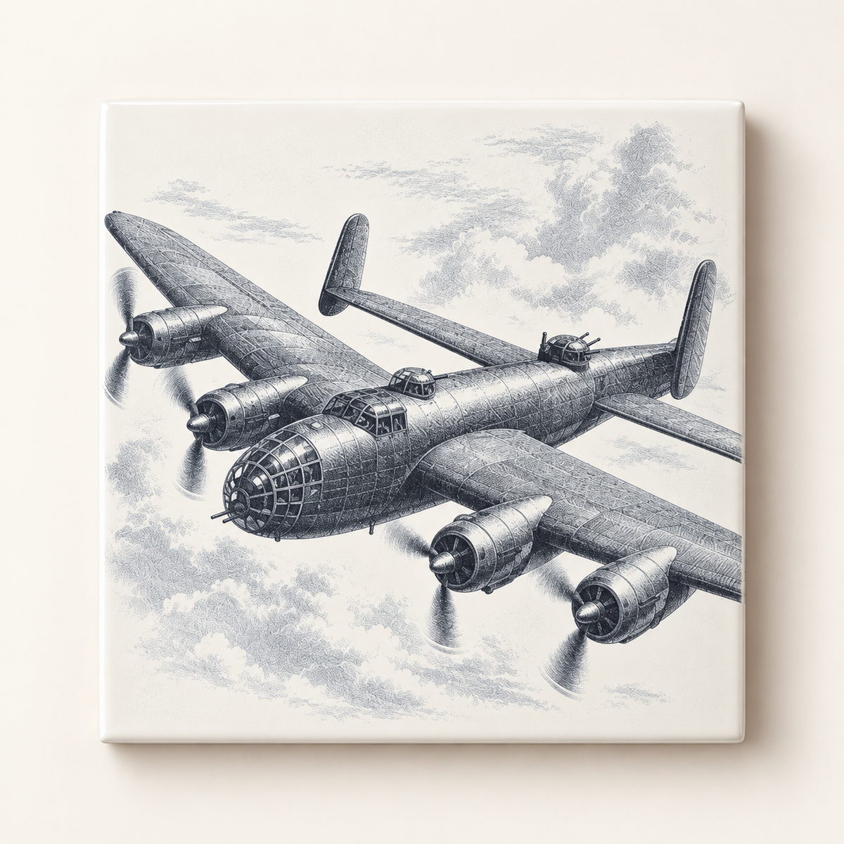 Aviation remembrance ceramic tile Design B with detailed four-engine bomber aircraft artwork