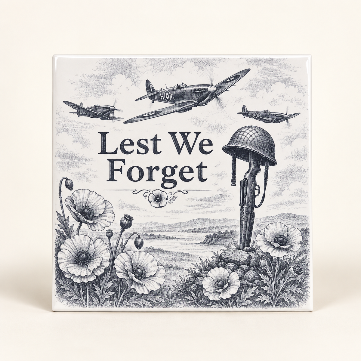 Aviation remembrance ceramic tile Design C with Lest We Forget text, aircraft, helmet memorial and poppies