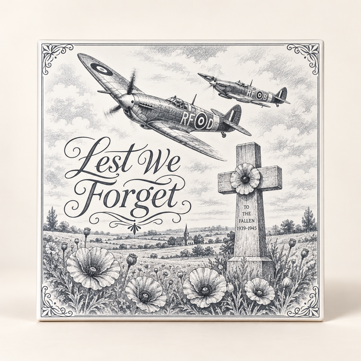 Aviation remembrance ceramic tile Design D with script Lest We Forget text, aircraft, memorial cross and poppies