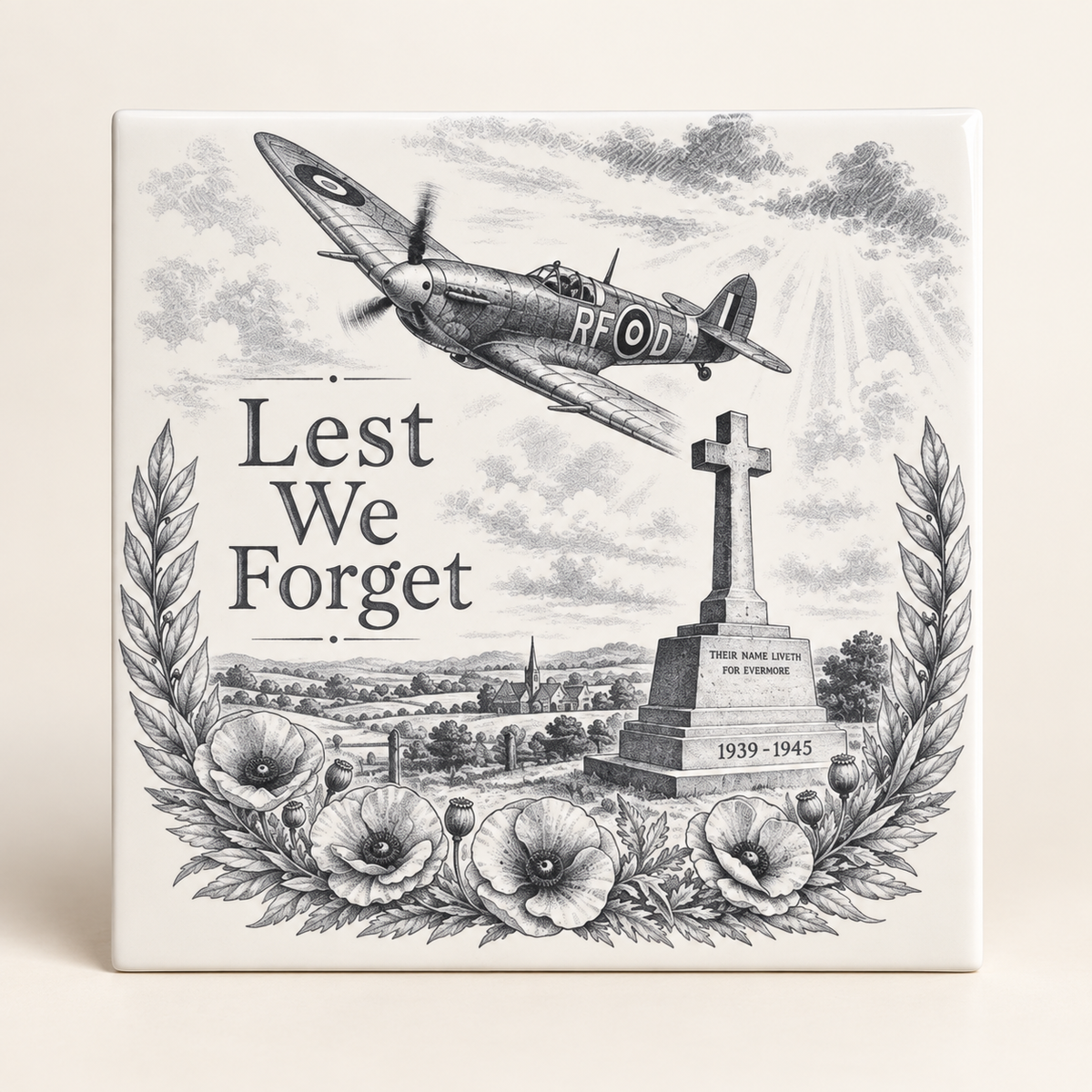 Aviation remembrance ceramic tile Design E with Lest We Forget text, aircraft, memorial cross and poppies