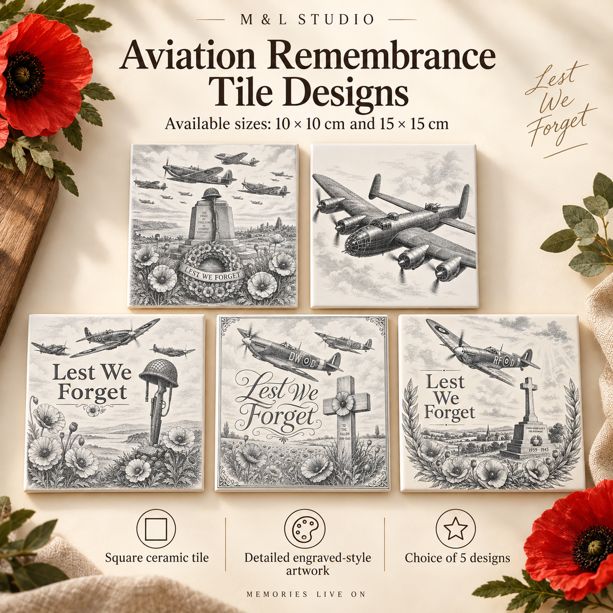 Aviation remembrance ceramic tile collection showing five available designs