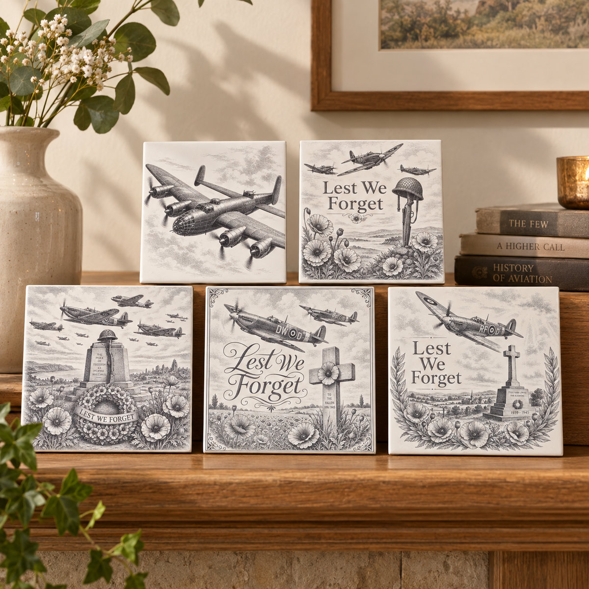 Five aviation remembrance ceramic tiles displayed together on a warm wooden mantel