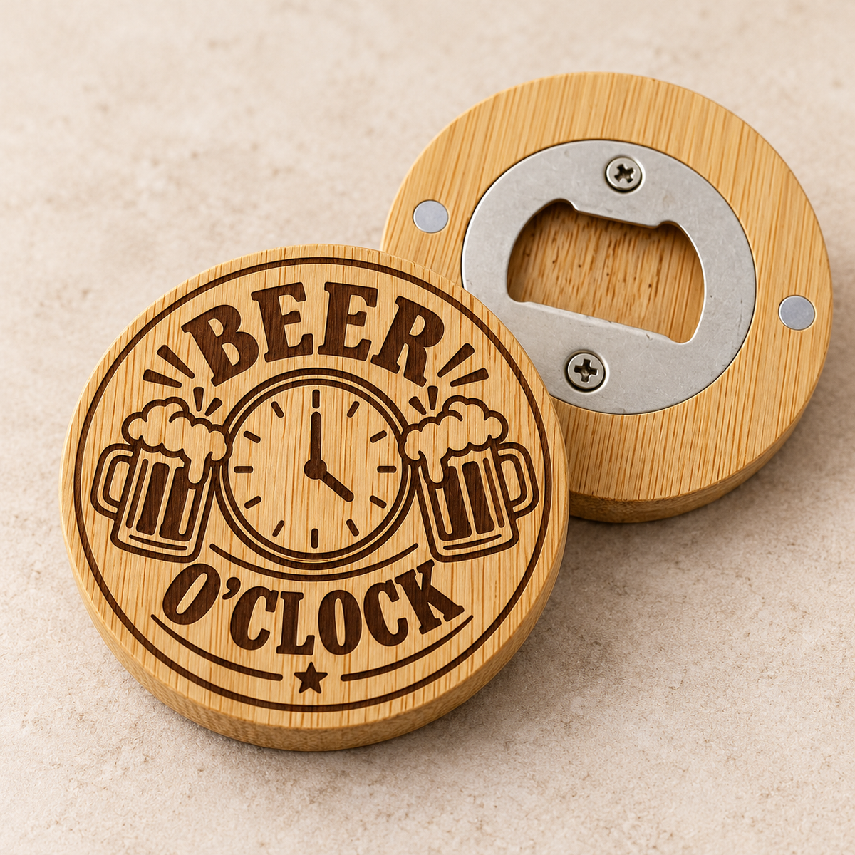 Beer O'Clock engraved bamboo magnetic bottle opener