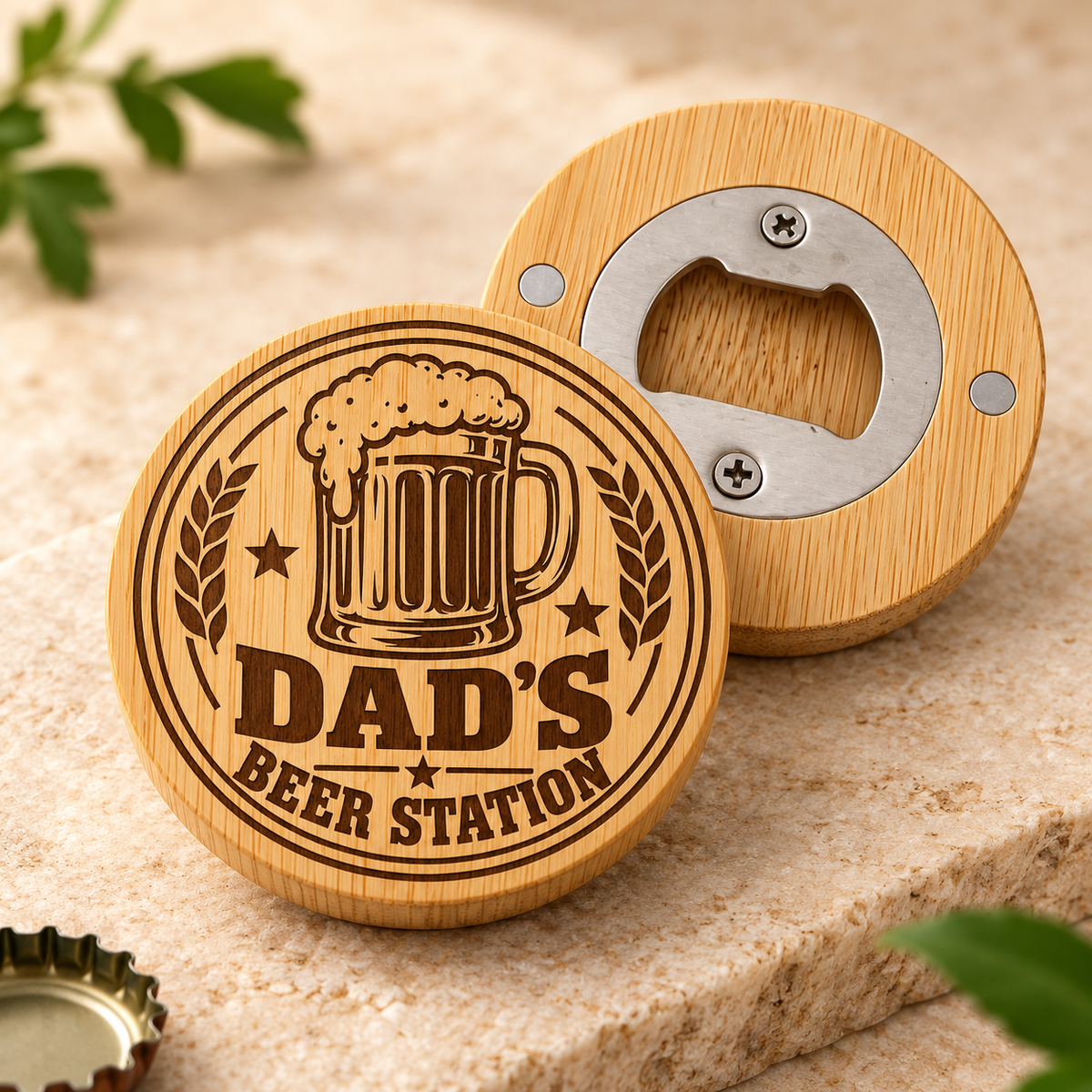 Dad's Beer Station engraved bamboo magnetic bottle opener