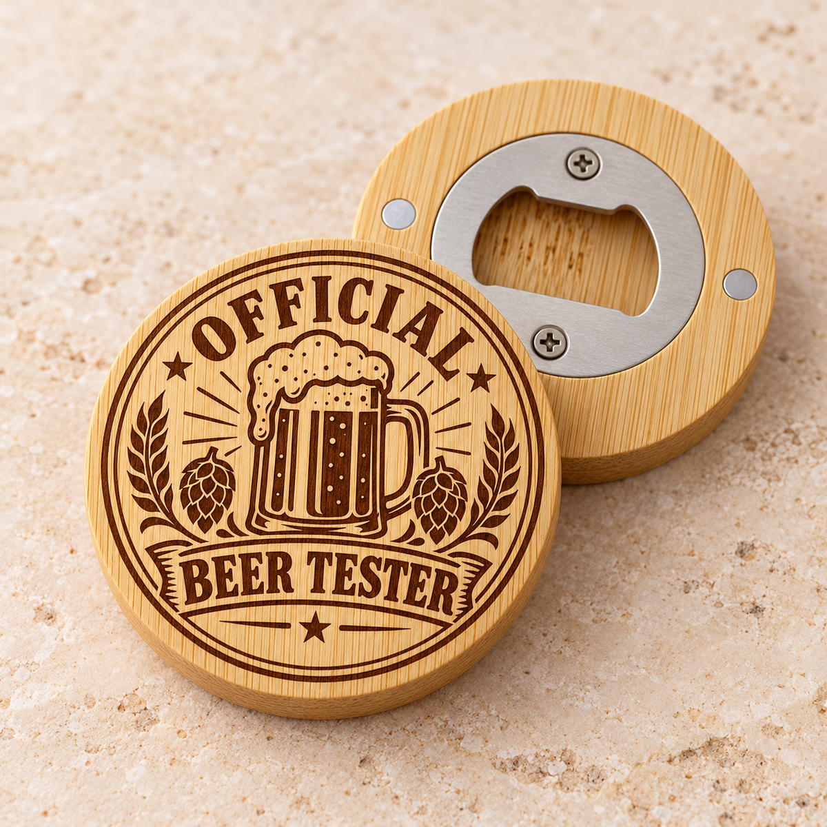 Official Beer Tester engraved bamboo magnetic bottle opener