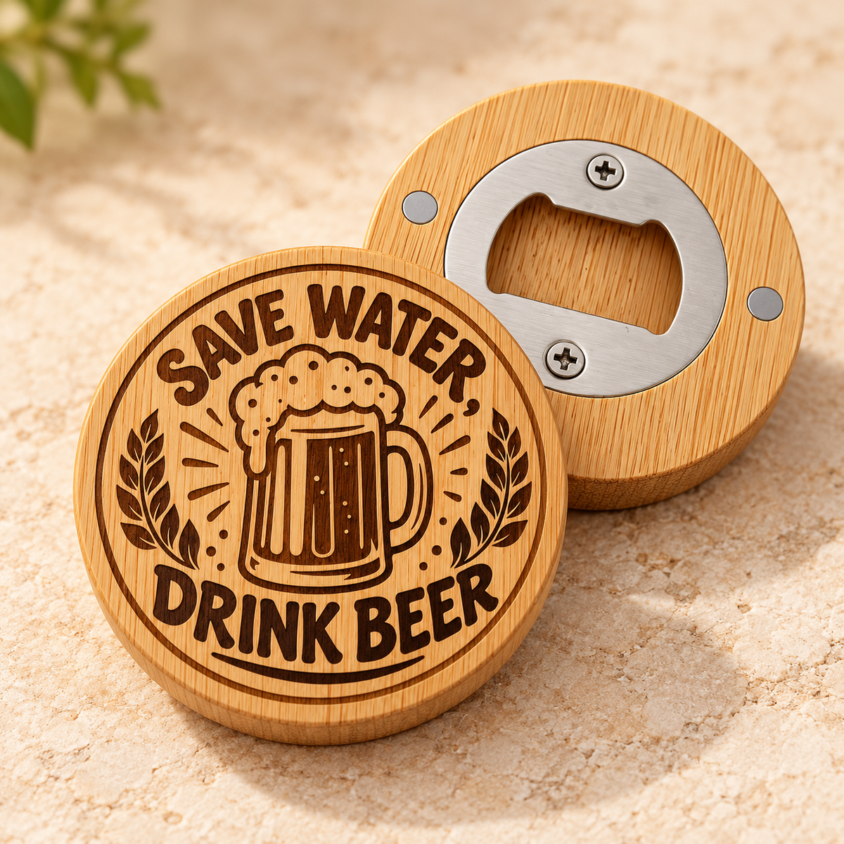 Save Water Drink Beer engraved bamboo magnetic bottle opener