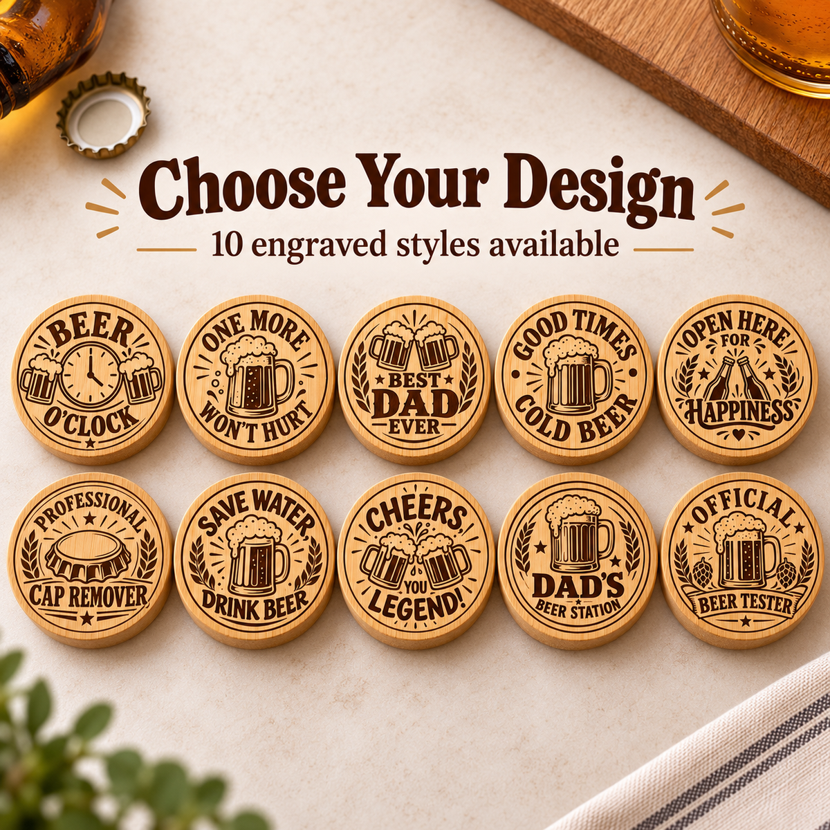Choose from 10 engraved beer-themed bamboo magnetic bottle opener designs