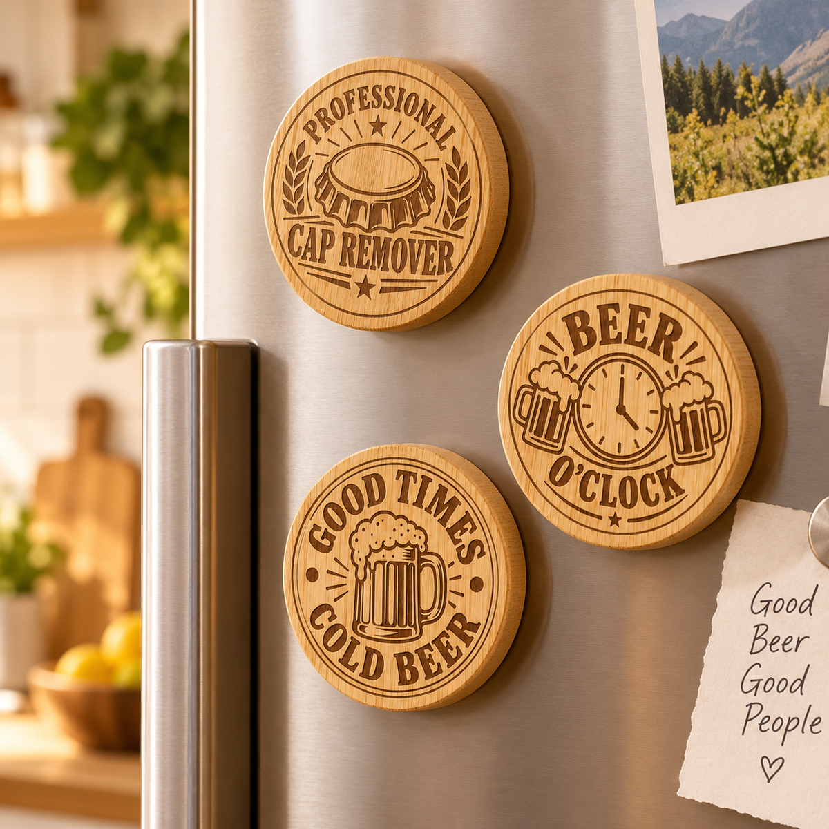 Engraved bamboo magnetic bottle openers displayed on a fridge