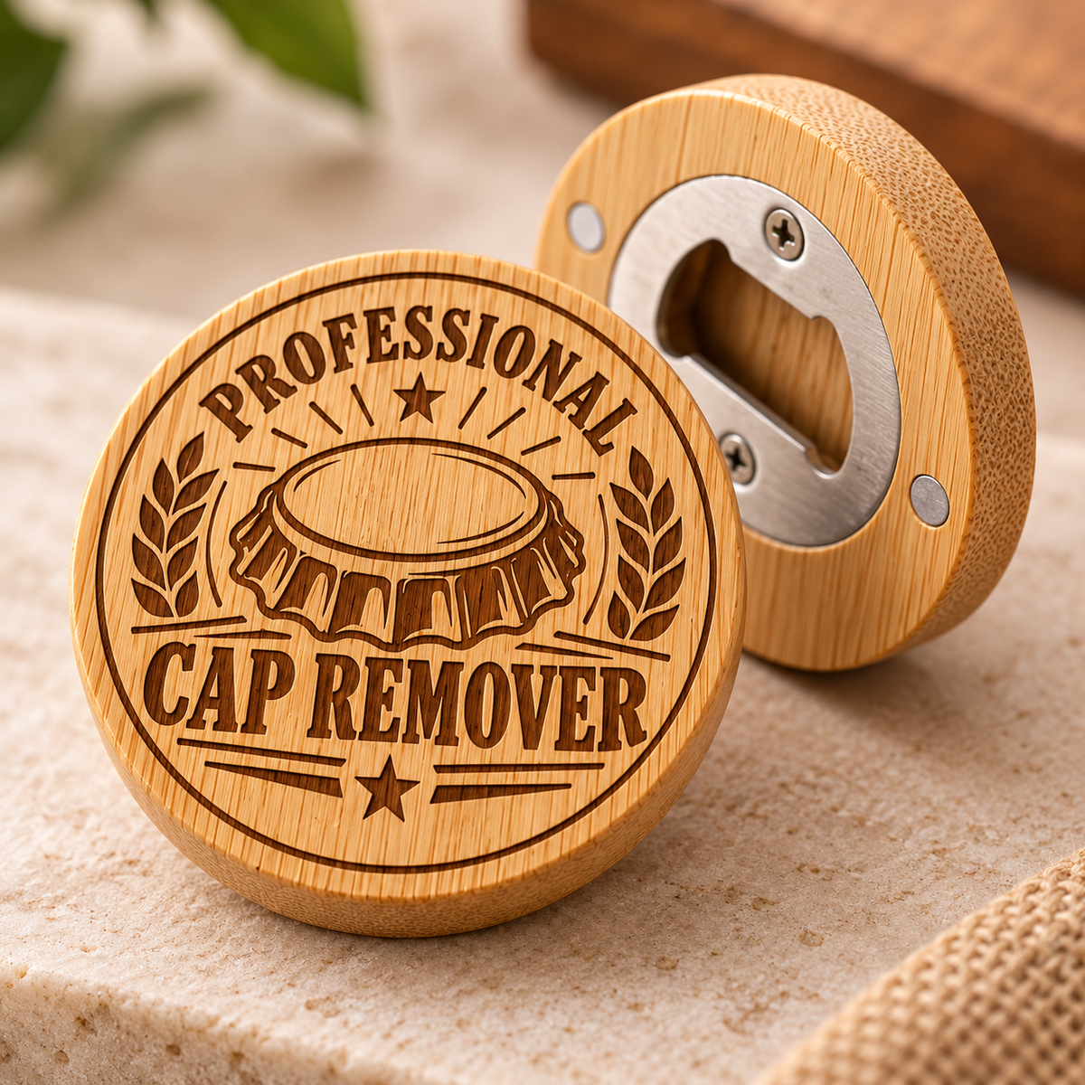 Engraved bamboo bottle opener showing front design and stainless steel opener on the back