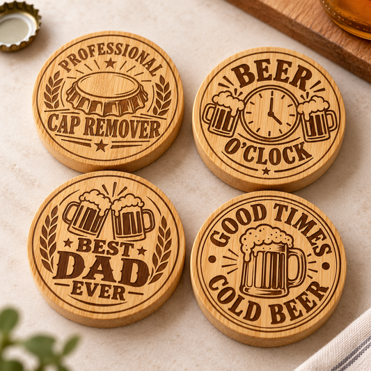 Engraved bamboo magnetic bottle openers with beer-themed designs