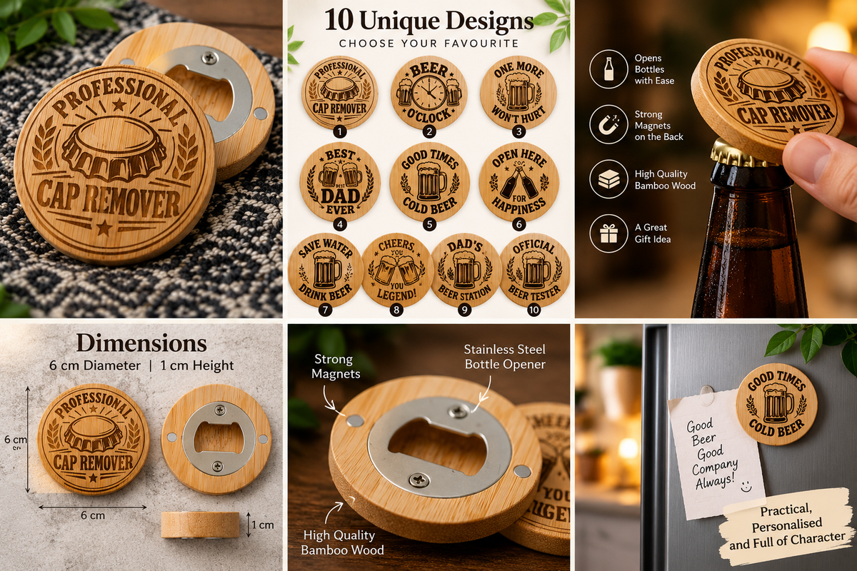 Bamboo magnetic bottle opener product guide with 10 designs and key features