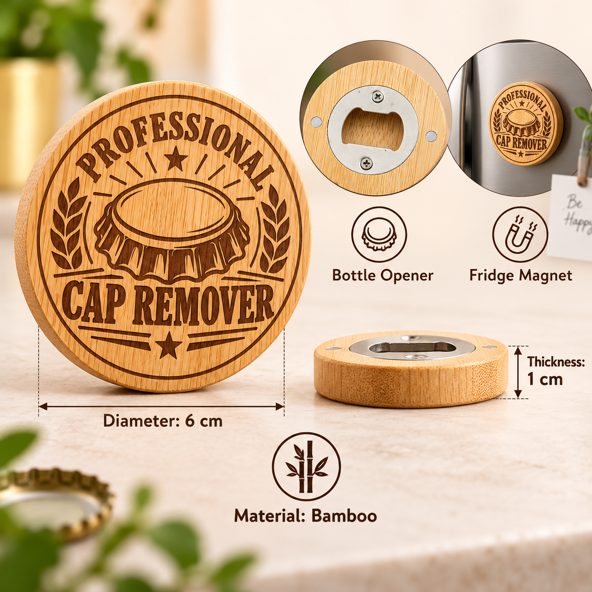 Bamboo magnetic bottle opener size and feature guide showing 6 cm diameter and 1 cm thickness