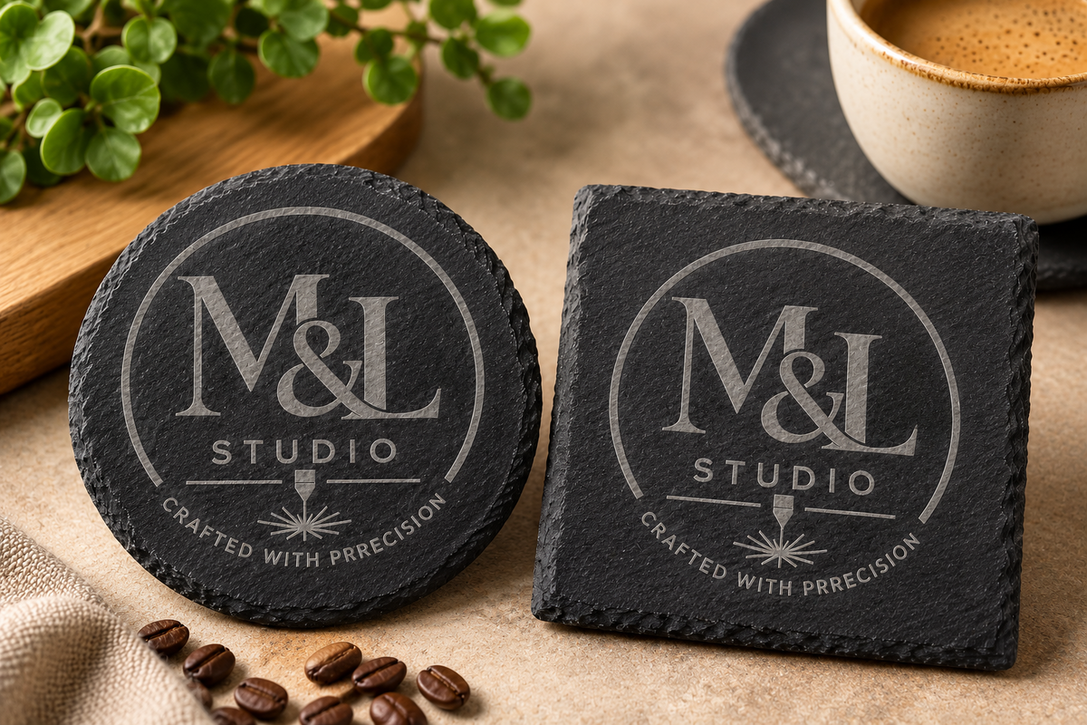 Custom branded slate coasters for workspaces and coffee moments