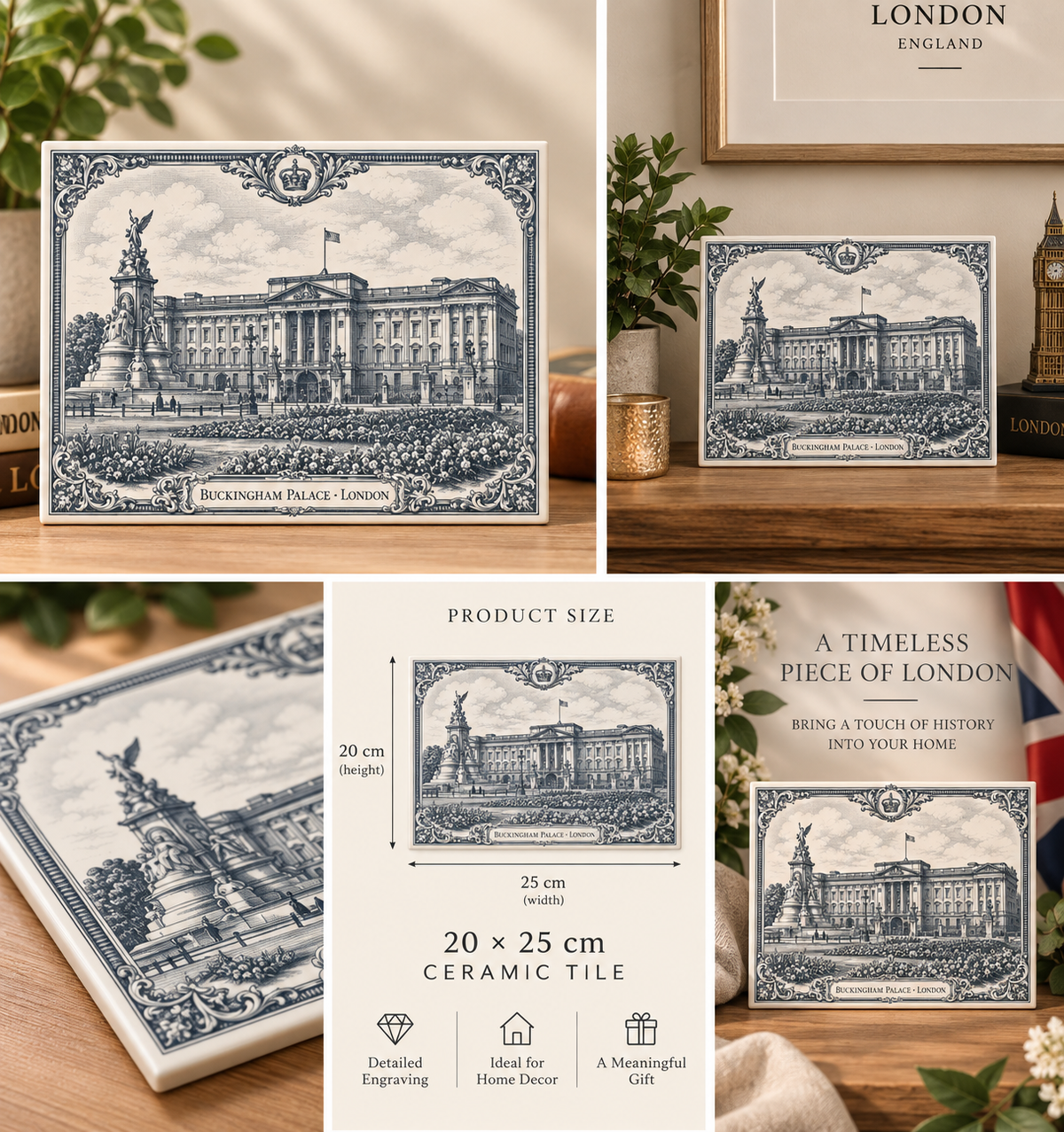 Buckingham Palace London ceramic tile gallery with lifestyle, detail and 20 × 25 cm size views