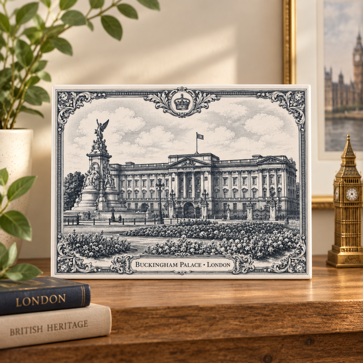 Buckingham Palace London ceramic tile displayed in a warm London-themed setting