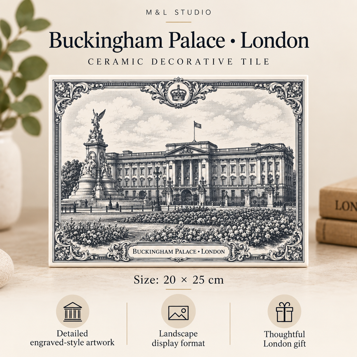 Buckingham Palace ceramic tile product information showing 20 × 25 cm landscape size