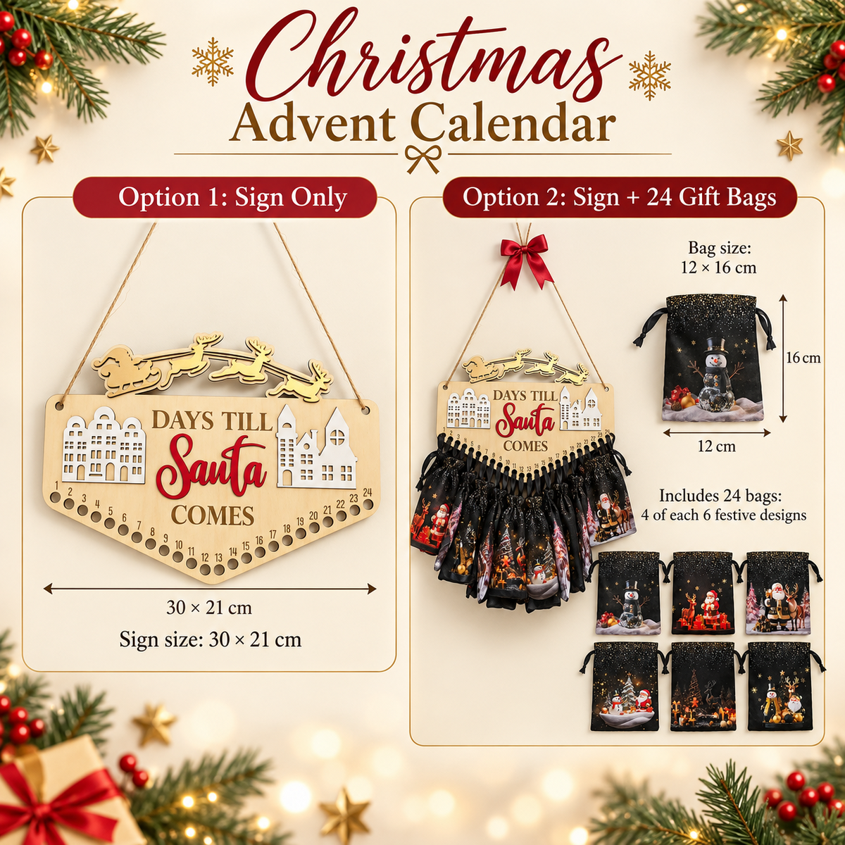 Christmas Advent Calendar options with sign dimensions and 24 festive gift bags