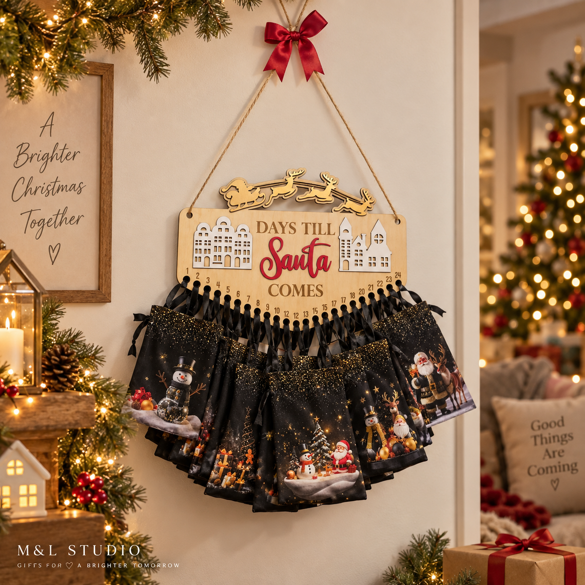 Christmas Advent Calendar sign displayed with 24 festive gift bags