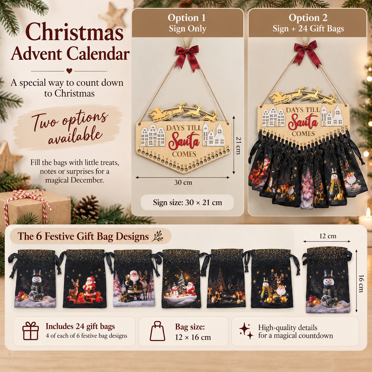 Christmas Advent Calendar showing sign only and sign with 24 gift bags options
