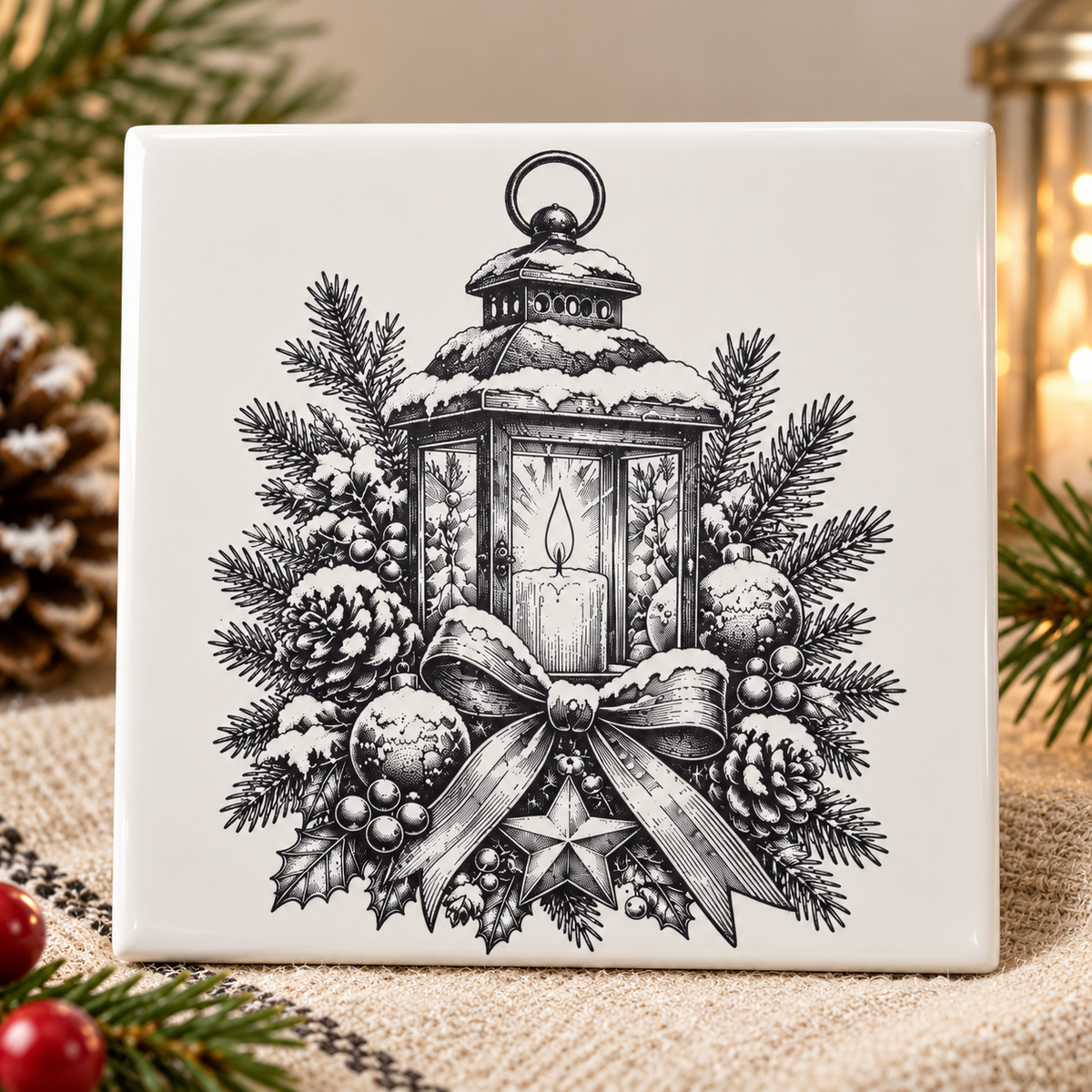 Christmas lantern design on white ceramic tile in festive setting