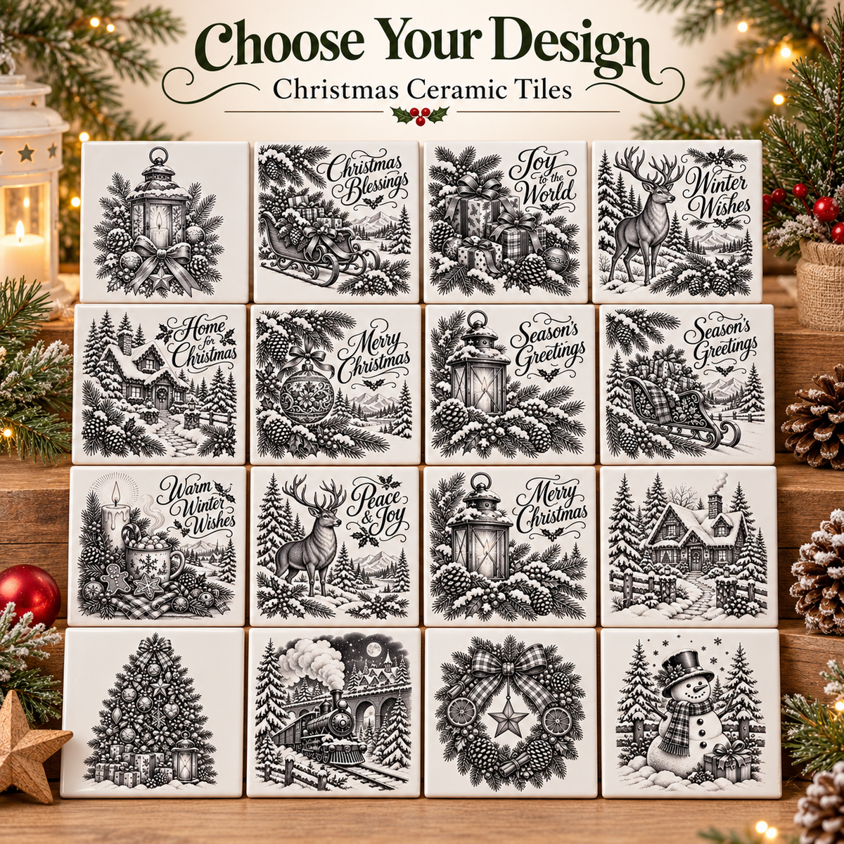 Choose from 16 different festive Christmas ceramic tile designs