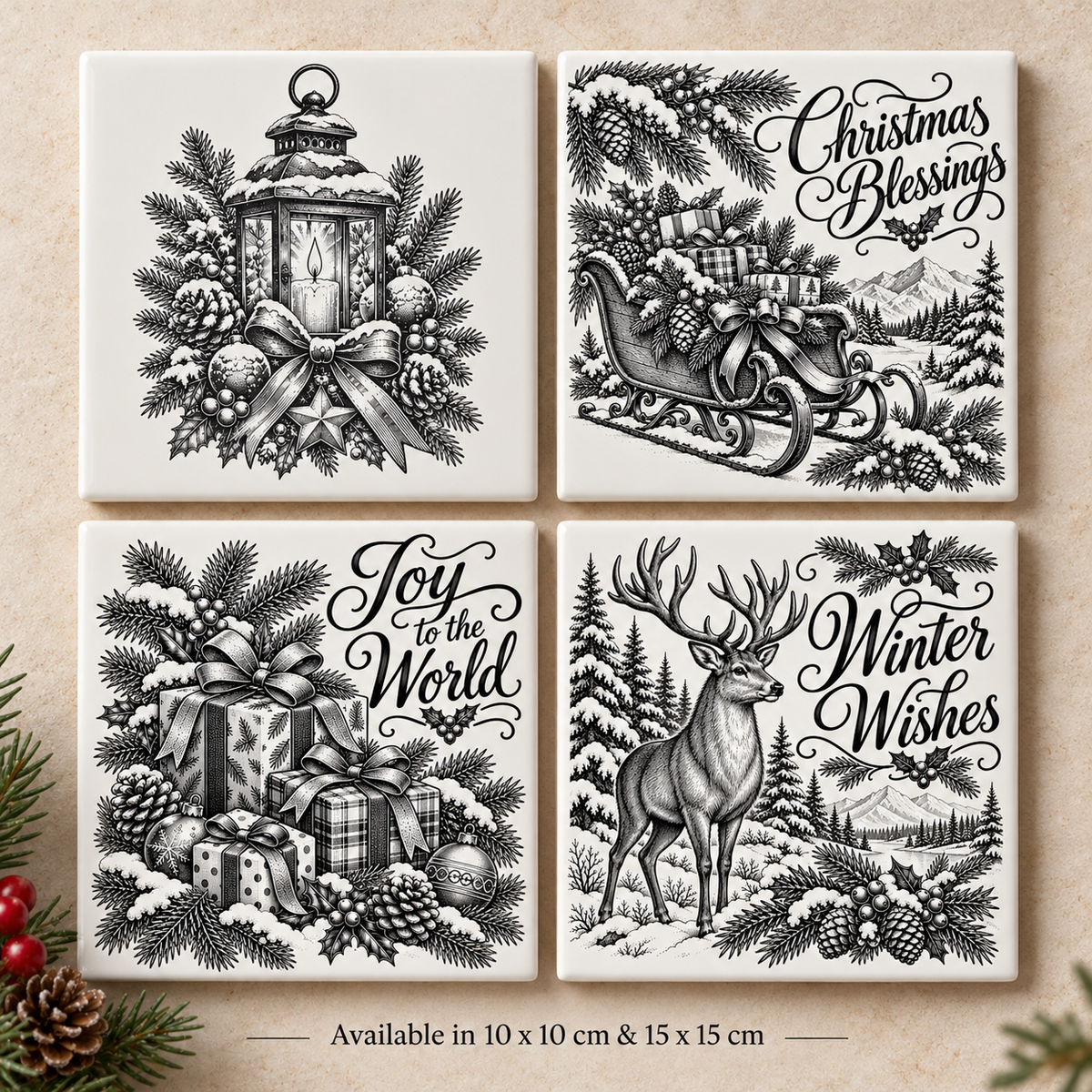 Festive Christmas designs including lantern, sleigh, wrapped gifts and stag