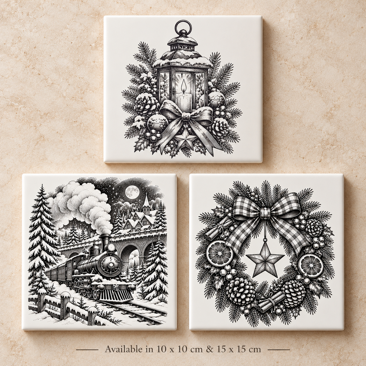 Festive Christmas designs including lantern, steam train and decorative wreath