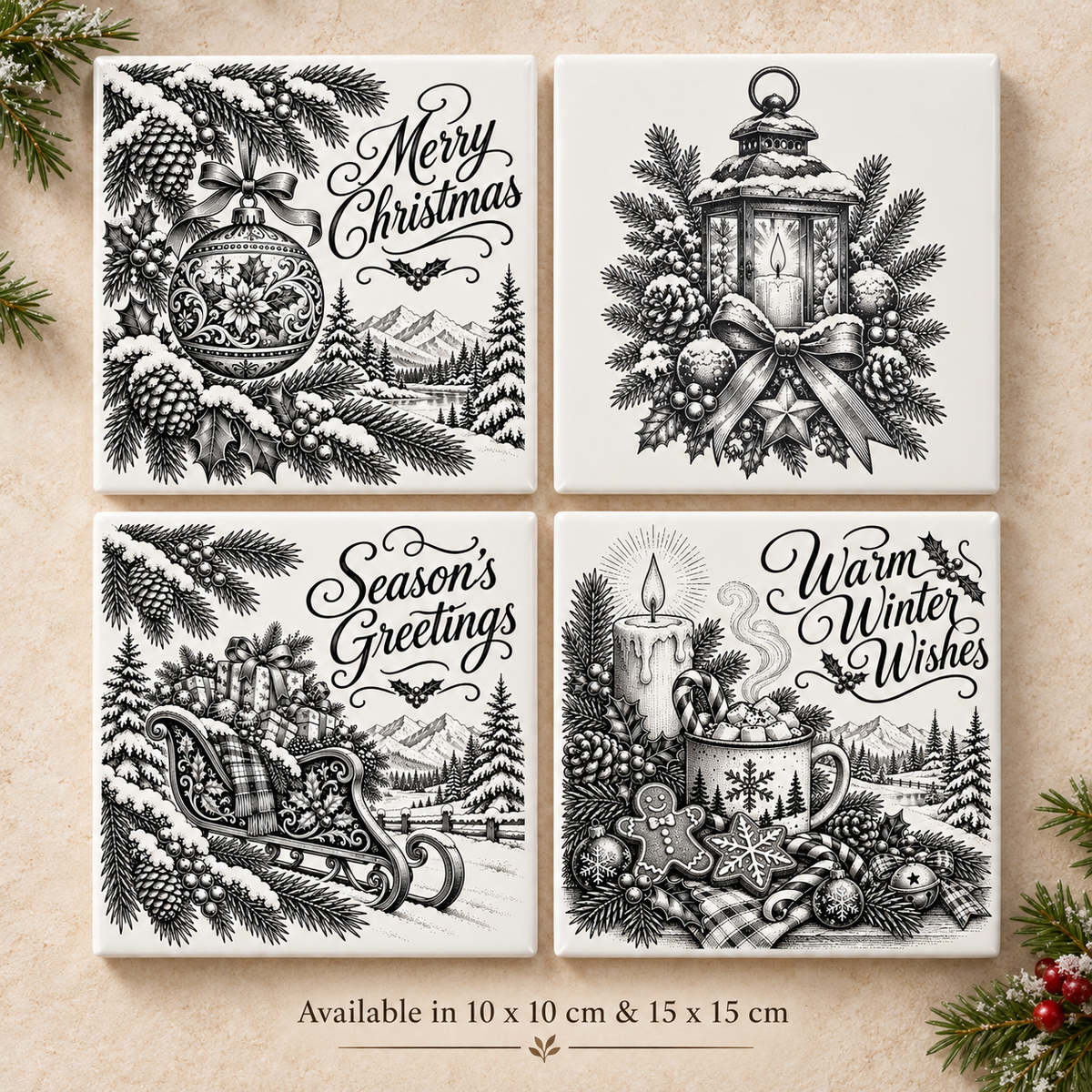 Festive Christmas designs including bauble, lantern, sleigh and winter wishes