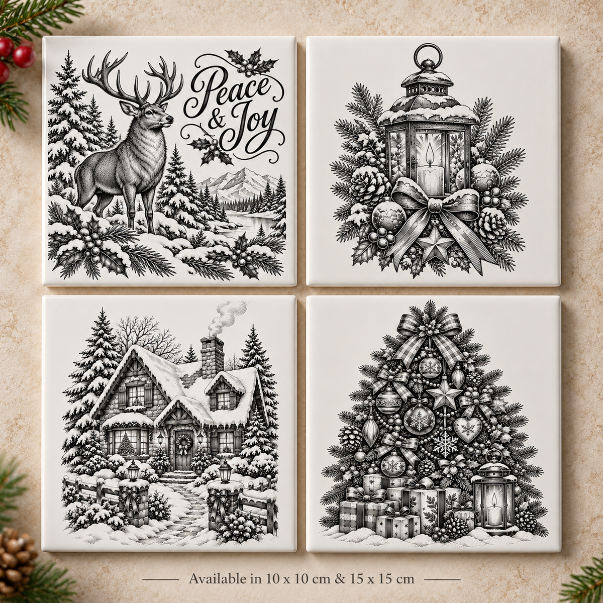 Festive Christmas designs including stag, lantern, snowy cottage and tree