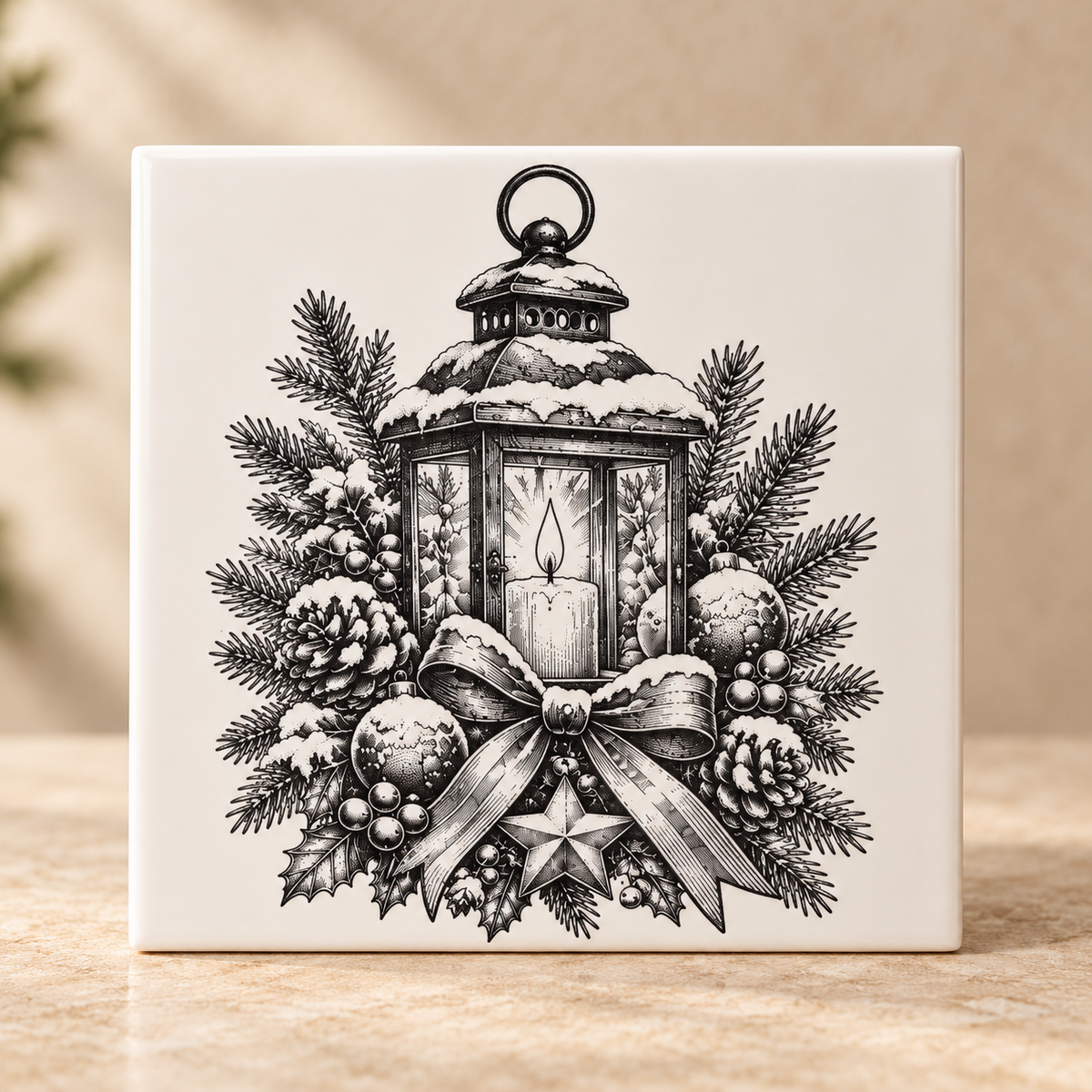 Christmas ceramic tile with engraved lantern, holly, berries and winter foliage