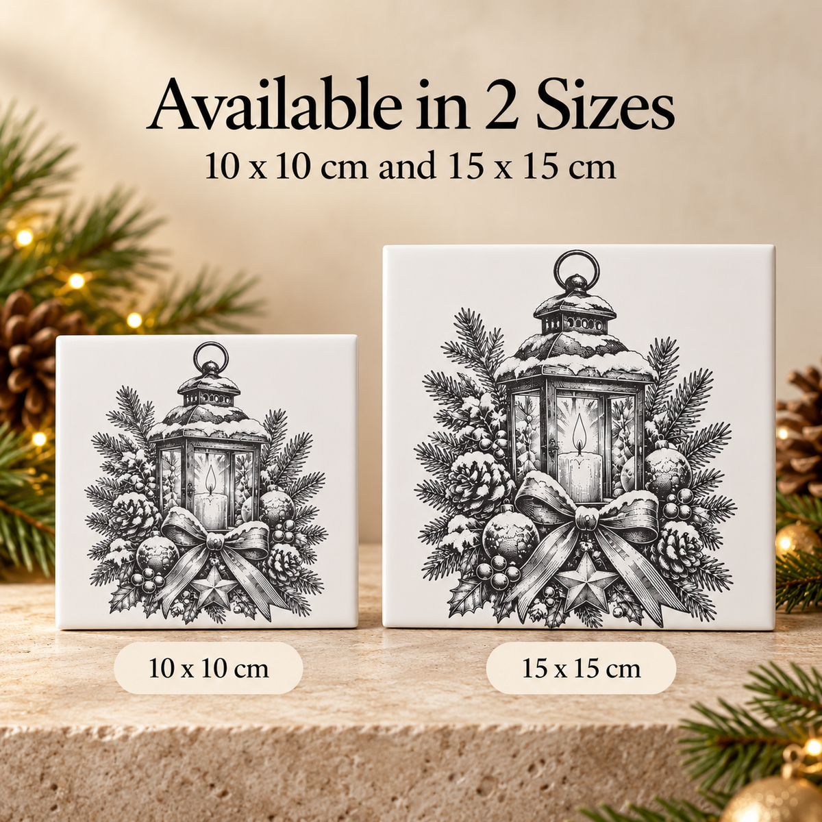 Comparison of 10 × 10 cm and 15 × 15 cm white ceramic Christmas tiles