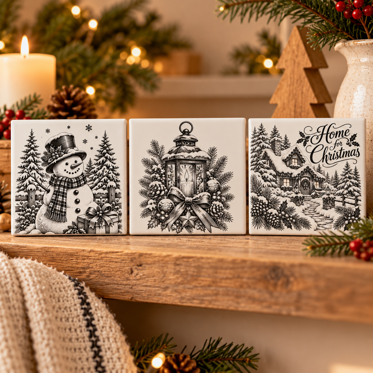 Three Christmas ceramic tiles showing snowman, lantern and snowy cottage