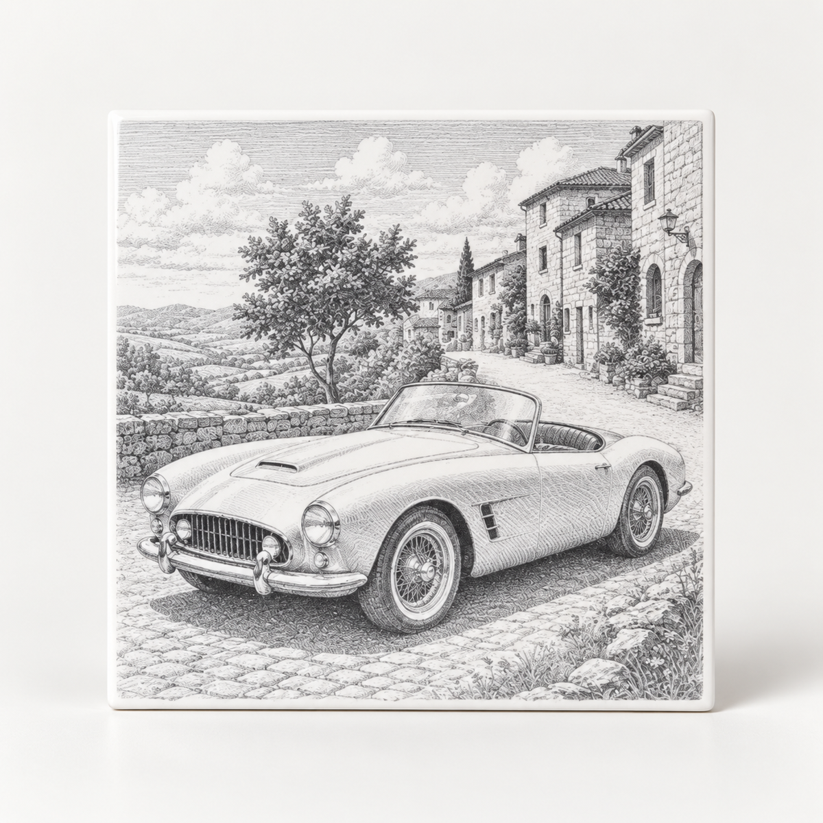 Classic vehicle ceramic tile Design A with vintage convertible artwork