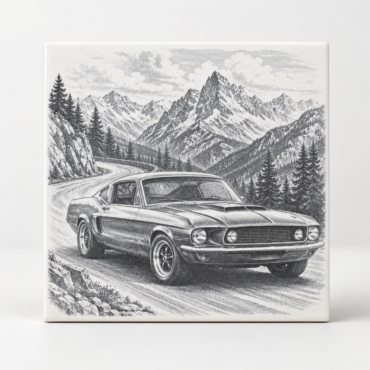 Classic vehicle ceramic tile Design B with classic fastback mountain artwork